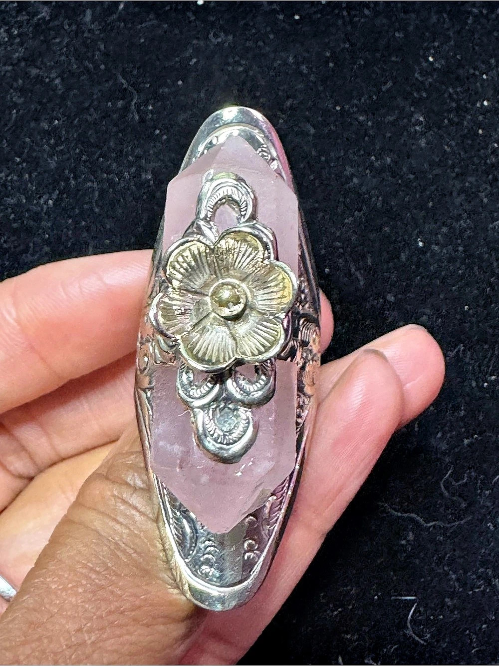Rose Quartz Floral adjustable Tibetan Silver Ring
